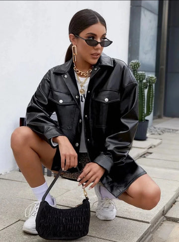 Darllin Black Vegan Leather Button Up Shirt